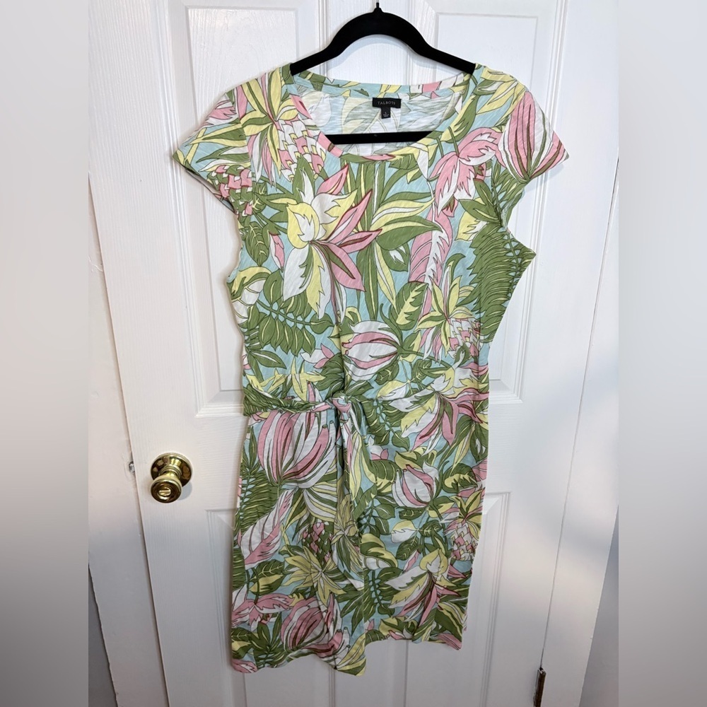 Talbots Tie-Detail Knit Shift Dress – Tropical Green & Pink Print – Size Large - Picture 2 of 9